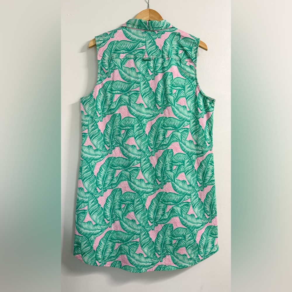 Vineyard Vines Palm Print Shirt Dress Size 14 Pink Green Sleeveless - Picture 7 of 16